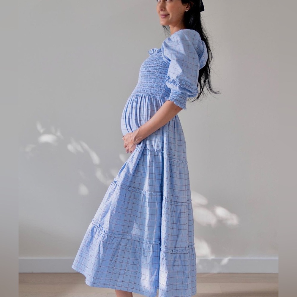 Hill House Nesli Nap Dress in Diana Checkered Blue Plaid Smocked Midi Ruffle